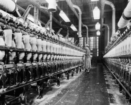 Side profile of a woman working in a textile factory poster print.