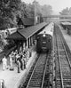 High angle view of passengers waiting on a railroad station platform in New York, USA