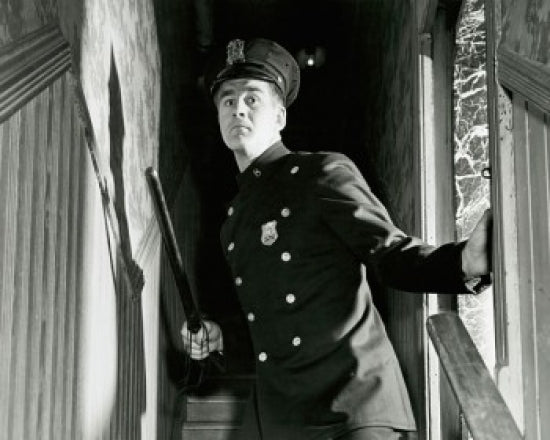 Policeman holding a nightstick and standing on staircase poster print.