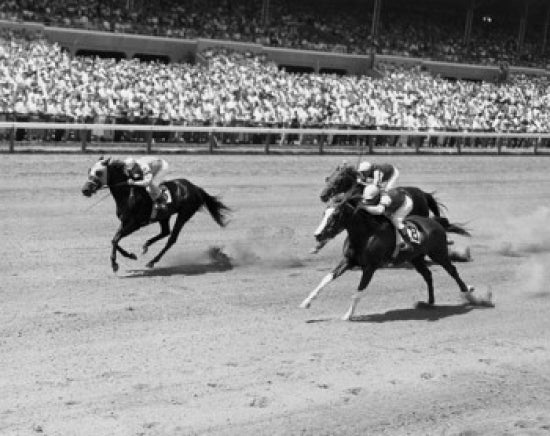 Poster print of three jockeys racing horses at Delaware Park in Wilmington, Delaware.