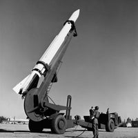 Army soldier standing near a missile at Fort Benning, Corporal Surface-to-Surface Missile Poster Print.