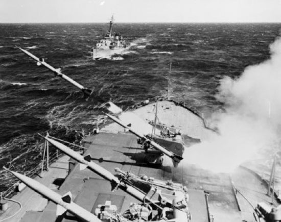 High angle view of RIM-2 Terrier missile launching from military ship