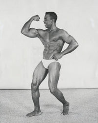 Male bodybuilder flexing muscles poster print showcasing strength and fitness inspiration