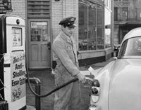 Side profile of a gas station attendant filling a car with gas poster print.