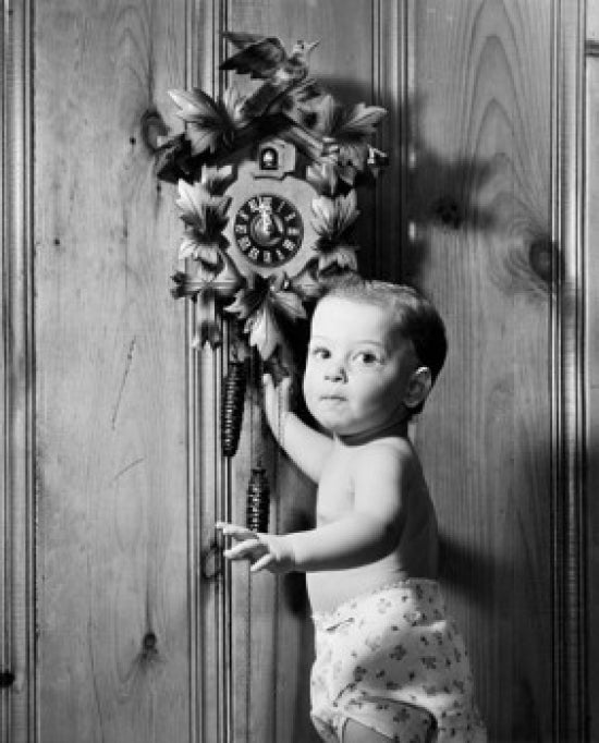 Portrait of a baby boy standing next to a cuckoo clock poster print.