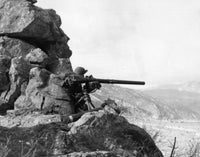 Korea War Soldier Poster Print - US Army soldier holding weapon on hillside during the 1950s