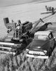 High angle view of a farmer using a combine harvester in a Montana field.