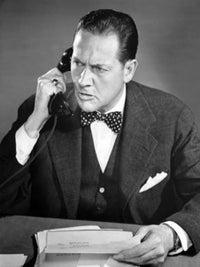 Close-up poster print of businessman arguing on telephone, showcasing corporate dynamics.