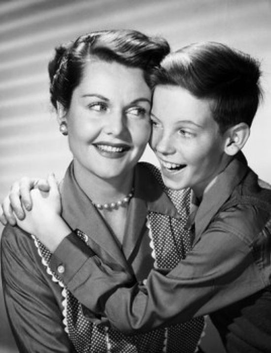 Son hugging his mother poster print, heartwarming artwork.