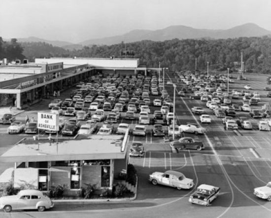 High angle view of cars parked at Westgate Shopping Center in Asheville, North Carolina.