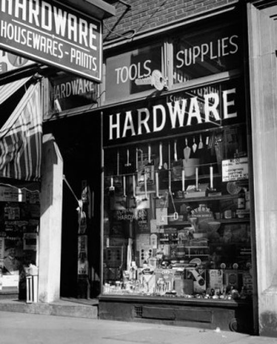 Window Display of a Hardware Store Poster Print showcasing various tools and supplies