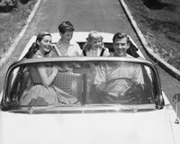 Family Road Trip Adventure Poster Print depicting a couple and children traveling in a car.