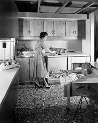 Young woman working in a kitchen poster print, vibrant colors, culinary art.