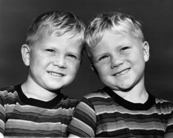Portrait of Twin Boys Smiling Poster Print showcasing joyful expressions.