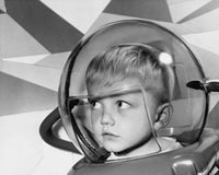 Close-up poster of a boy wearing a space helmet, colorful and inspiring.