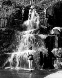 Woman standing near a waterfall in Olympic National Park poster print.