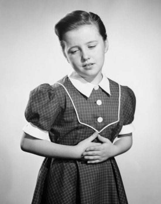 Close-up of a girl with a stomachache poster print