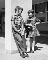 Poster print of a boy and girl carrying books and talking to each other.