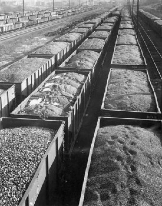 High angle view of railroad cars full of coal in Reading, Pennsylvania.