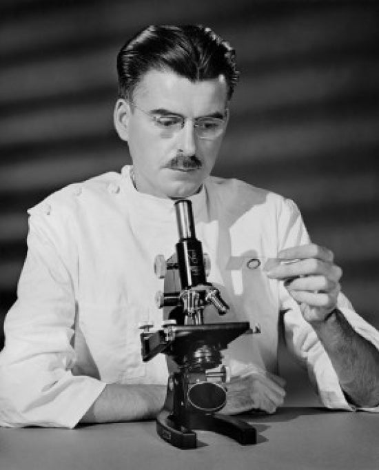Scientist Examining a Slide Poster Print showcasing a detailed scientific illustration.