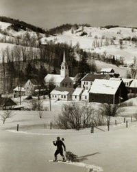 High angle view of a man pulling a Christmas tree in snow-covered landscape poster print.
