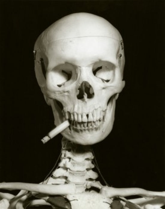 Close-up of a human skeleton with a burning cigarette poster print.