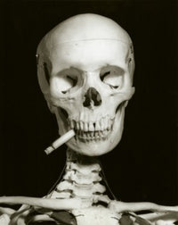 Close-up of a human skeleton with a burning cigarette poster print.