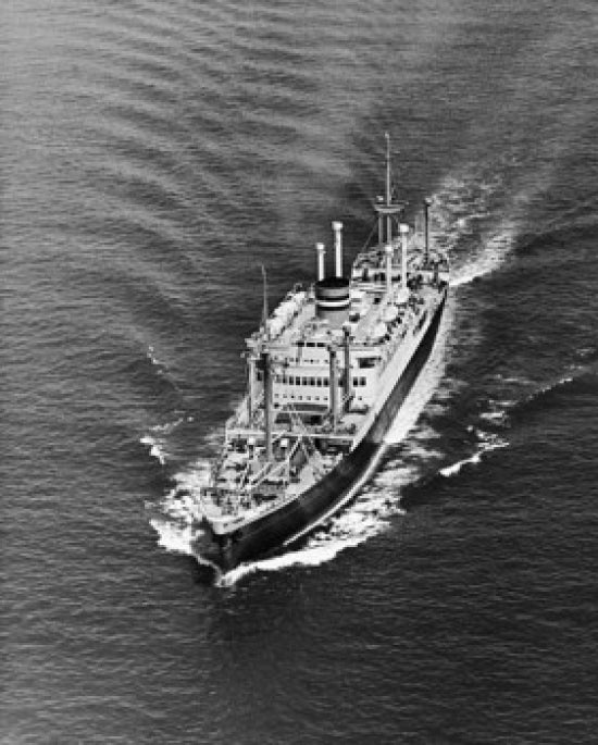 High angle view of a cruise ship sailing in the blue sea