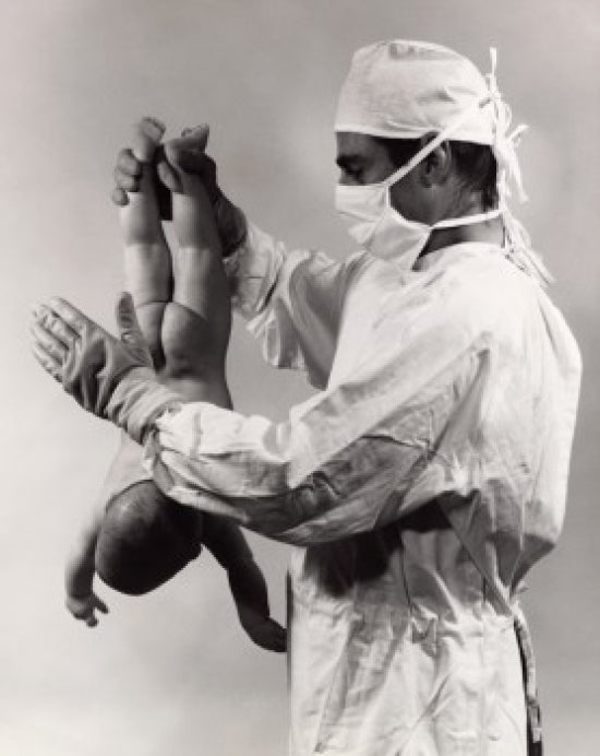 Male Doctor Spanking Newborn Baby Poster Print showcasing humor in medical art.