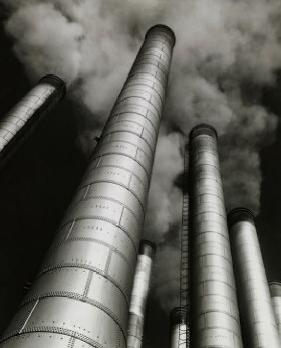 Low angle view of smoke stacks poster print showcasing industrial beauty.