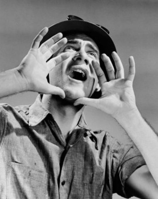 Close-up of a construction worker shouting poster print