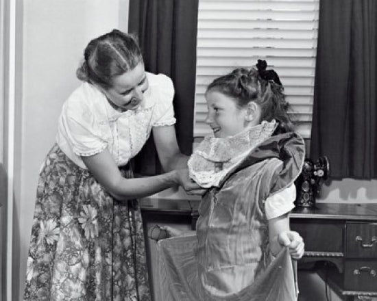 Mother Sewing Dress for Daughter Poster Print showcasing love and creativity.