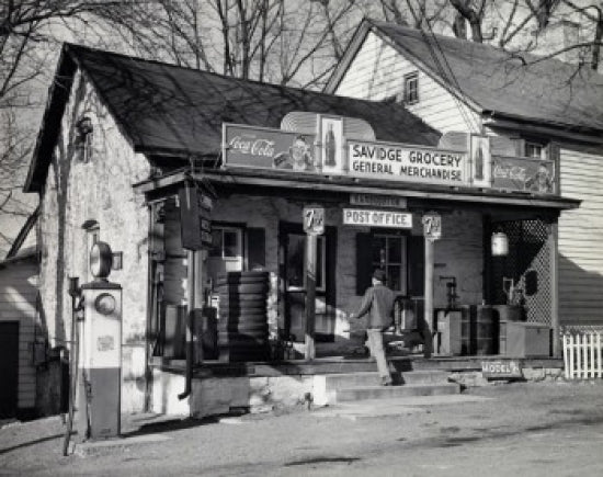 Poster depicting the rear view of a man walking towards a store.