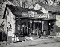 Poster depicting the rear view of a man walking towards a store.