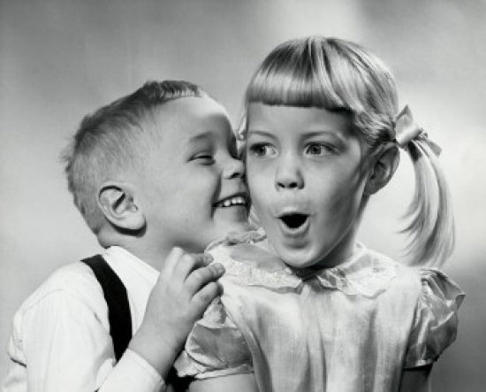 Whispering Boy and Girl Poster Print showcasing a tender childhood moment.