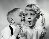 Whispering Boy and Girl Poster Print showcasing a tender childhood moment.