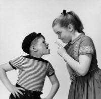 Side profile of a sister and brother arguing poster print.