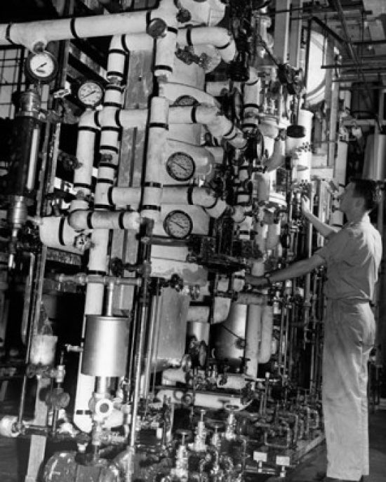 Side profile of a chemical engineer working in a factory poster print