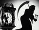 Close-up of a clock with the shadow of a person carrying a scythe poster print.