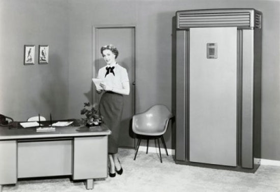 Portrait of a businesswoman holding a notepad in an office setting.