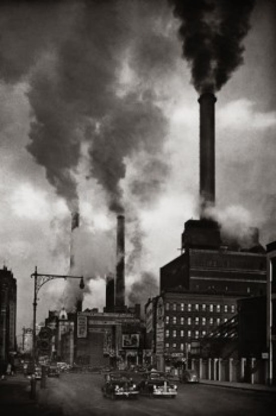Smoke Emitting from Smoke Stacks Poster Print showcasing industrial landscape.