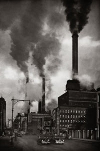 Smoke Emitting from Smoke Stacks Poster Print showcasing industrial landscape.