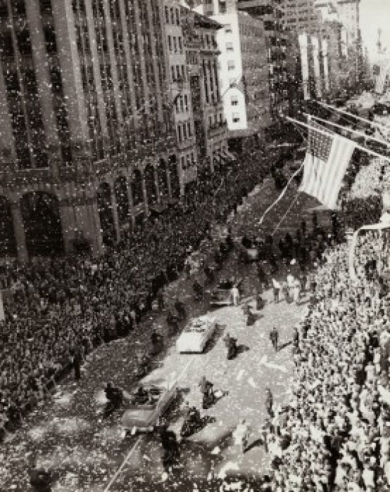 High angle view of a parade for General Douglas MacArthur on 5th Avenue, NYC, April 1951 poster print.