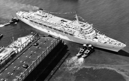 High angle view of a cruise ship docked at New York Harbor
