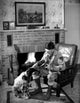 Poster print of a tramp stroking a dog in front of a fireplace