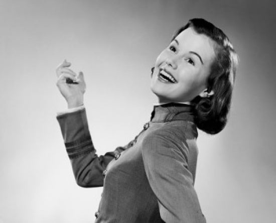 Side profile of a young woman smiling poster print, showcasing joy and beauty.