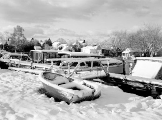 Snow Covered Boats in Harbor Poster Print capturing winter tranquility.