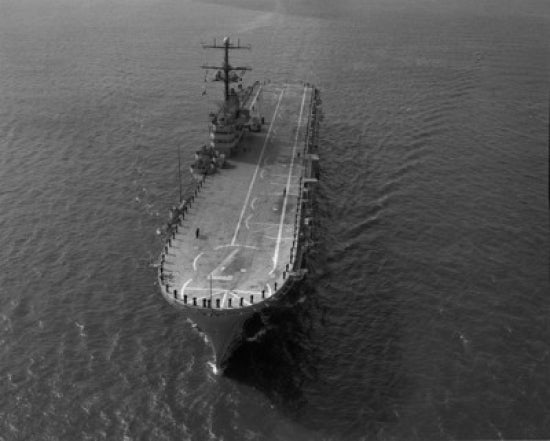 High angle view of an aircraft carrier in the sea poster print