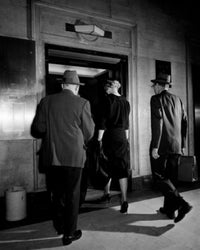 Office Workers Entering Lift Poster Print featuring modern work culture.