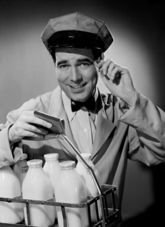 Portrait of Milk Man Smiling Poster Print showcasing a cheerful milkman.